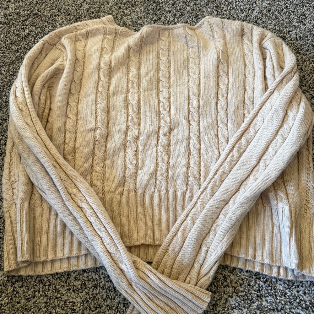Women’s Cream Cable Knit V-Neck Sweater with Heart Pocket - Picture 3 of 3